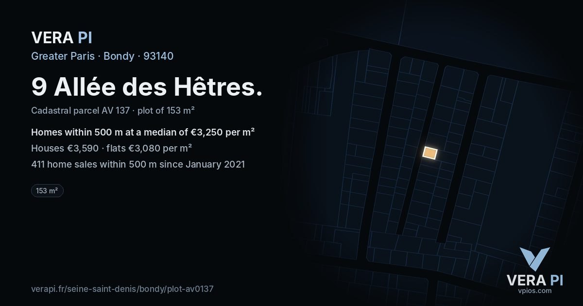 9 Allée des Hêtres, Bondy at night – the plot lit, the parcels around coloured by the prices near them