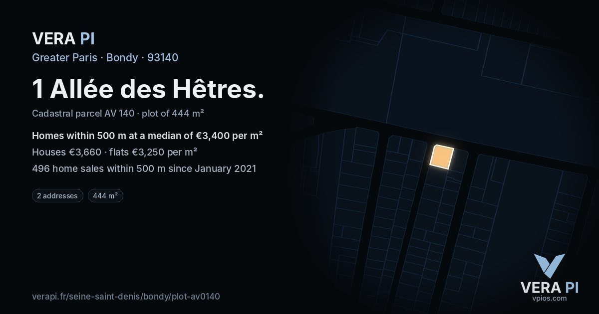 1 Allée des Hêtres, Bondy at night – the plot lit, the parcels around coloured by the prices near them
