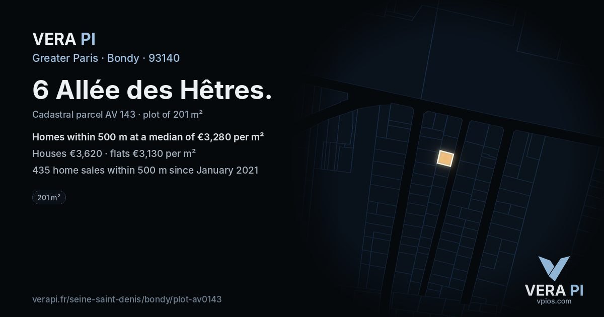 6 Allée des Hêtres, Bondy at night – the plot lit, the parcels around coloured by the prices near them
