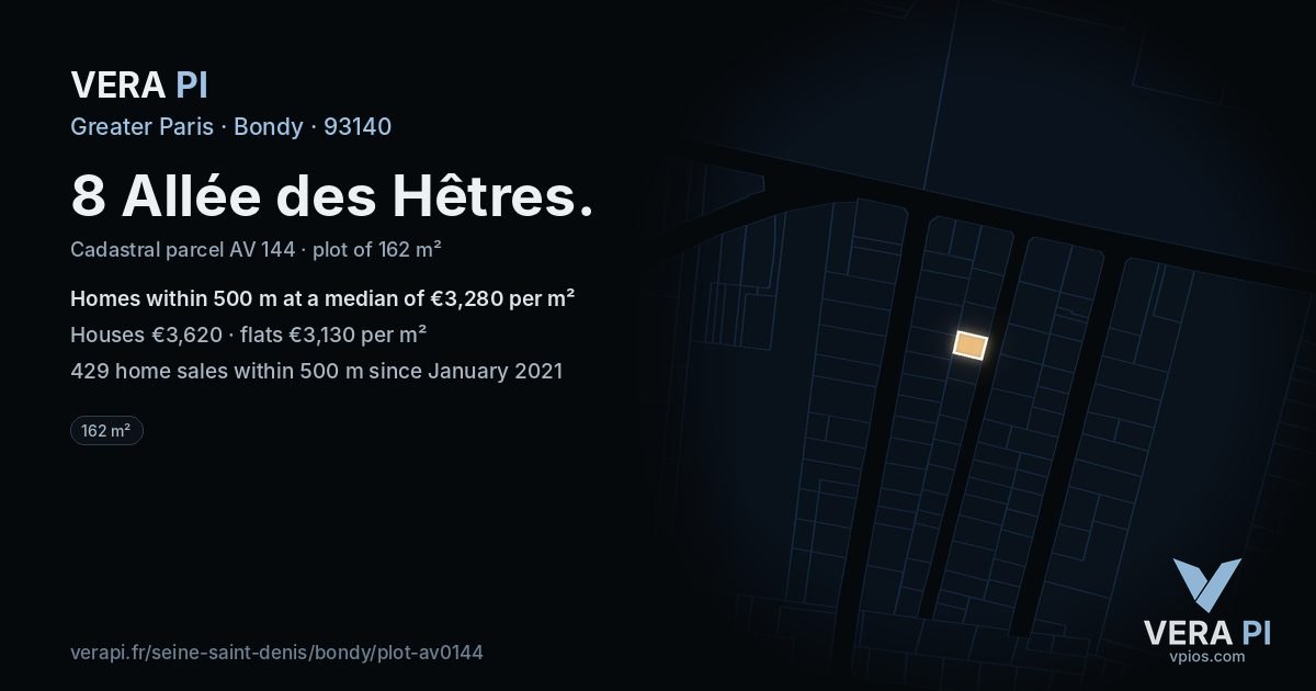 8 Allée des Hêtres, Bondy at night – the plot lit, the parcels around coloured by the prices near them