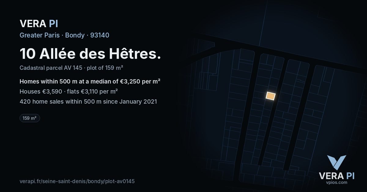 10 Allée des Hêtres, Bondy at night – the plot lit, the parcels around coloured by the prices near them