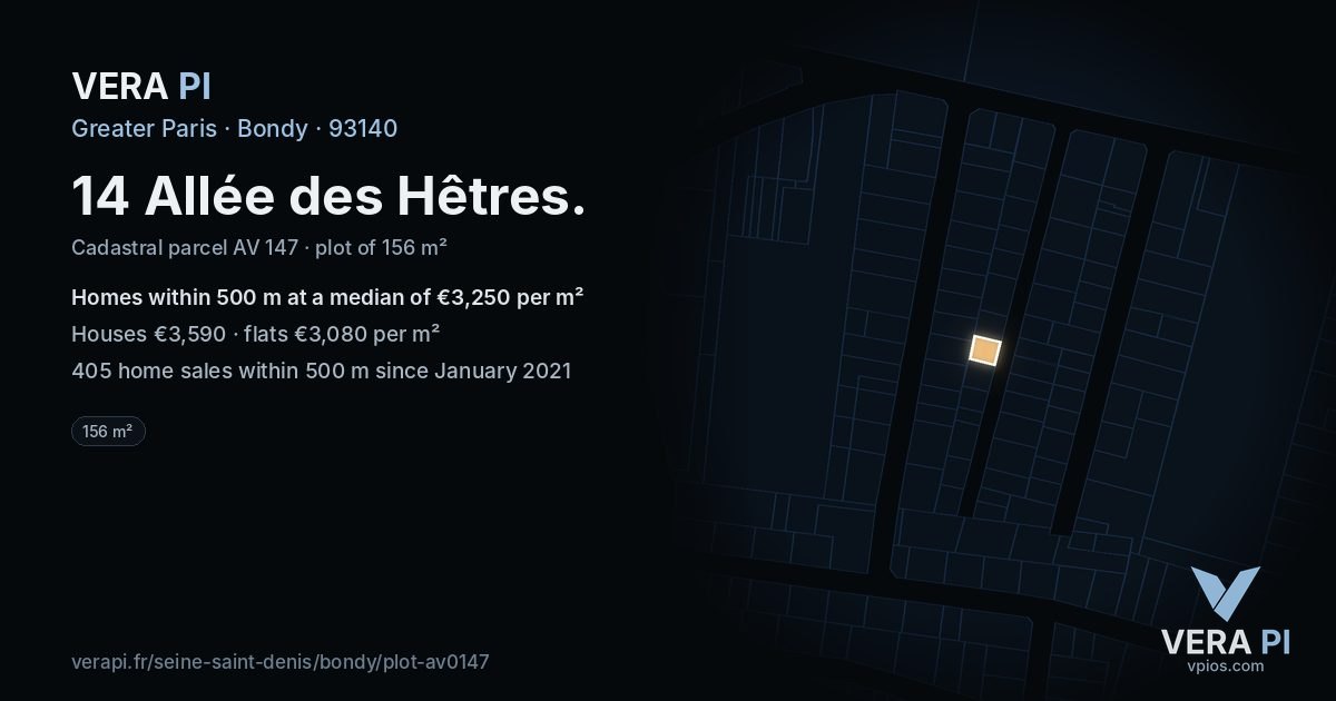 14 Allée des Hêtres, Bondy at night – the plot lit, the parcels around coloured by the prices near them