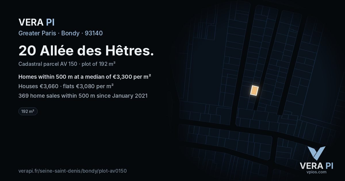 20 Allée des Hêtres, Bondy at night – the plot lit, the parcels around coloured by the prices near them