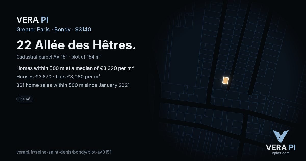 22 Allée des Hêtres, Bondy at night – the plot lit, the parcels around coloured by the prices near them