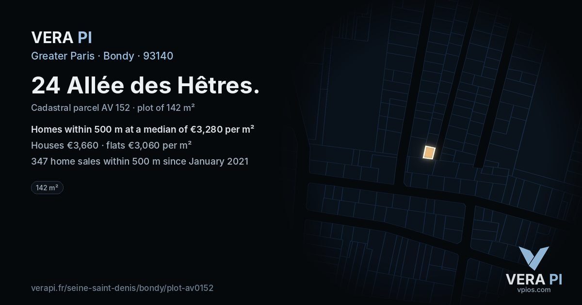 24 Allée des Hêtres, Bondy at night – the plot lit, the parcels around coloured by the prices near them