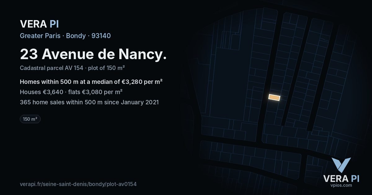 23 Avenue de Nancy, Bondy at night – the plot lit, the parcels around coloured by the prices near them
