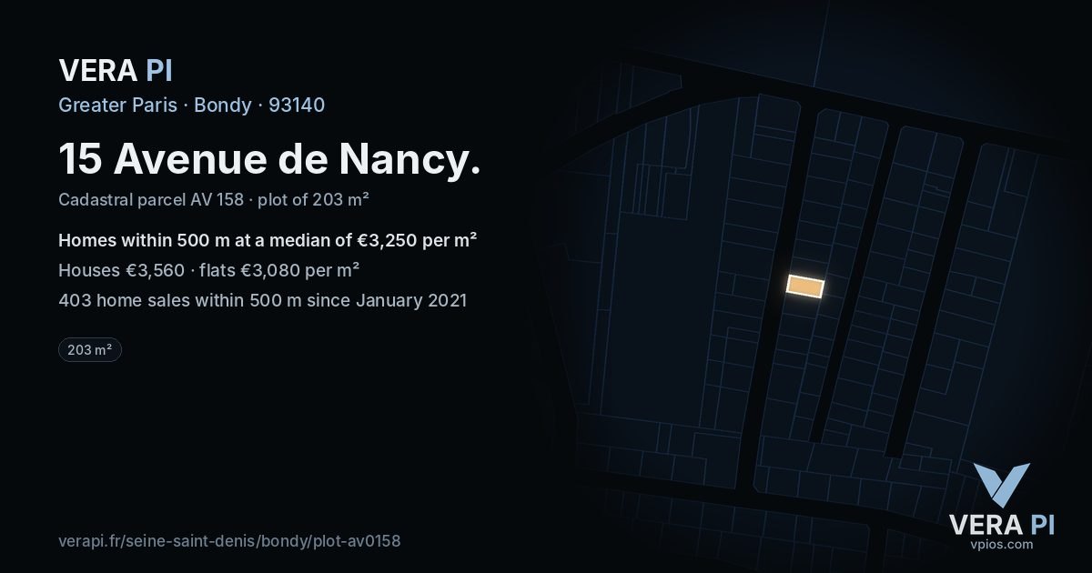15 Avenue de Nancy, Bondy at night – the plot lit, the parcels around coloured by the prices near them