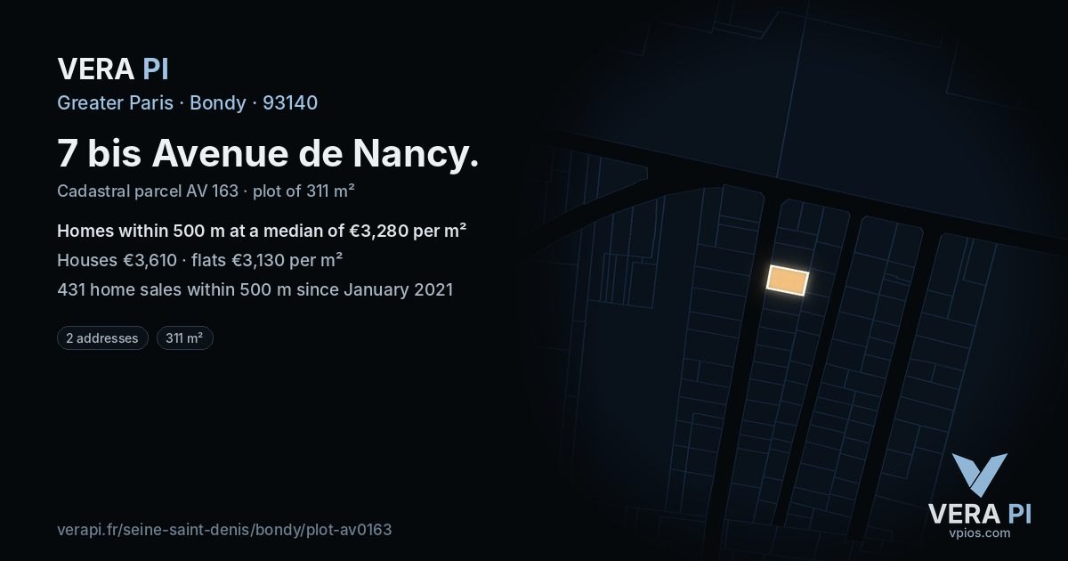 7 bis Avenue de Nancy, Bondy at night – the plot lit, the parcels around coloured by the prices near them