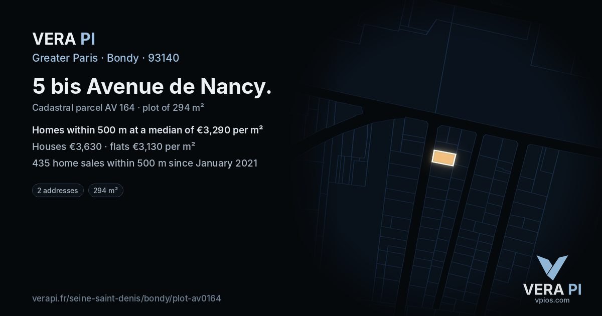 5 bis Avenue de Nancy, Bondy at night – the plot lit, the parcels around coloured by the prices near them