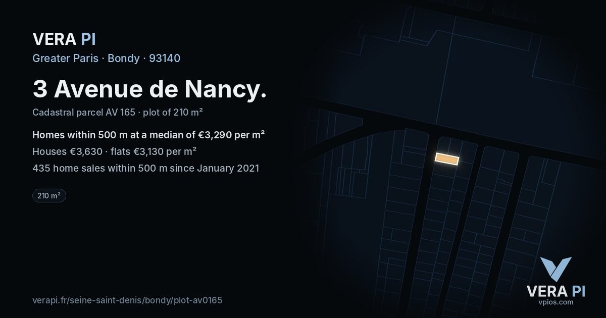 3 Avenue de Nancy, Bondy at night – the plot lit, the parcels around coloured by the prices near them
