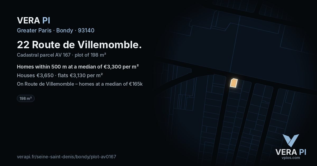 22 Route de Villemomble, Bondy at night – the plot lit, the parcels around coloured by the prices near them