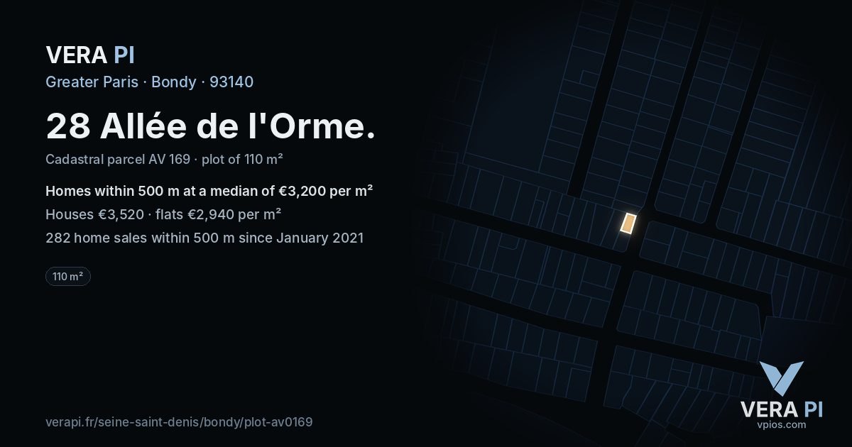 28 Allée de l'Orme, Bondy at night – the plot lit, the parcels around coloured by the prices near them