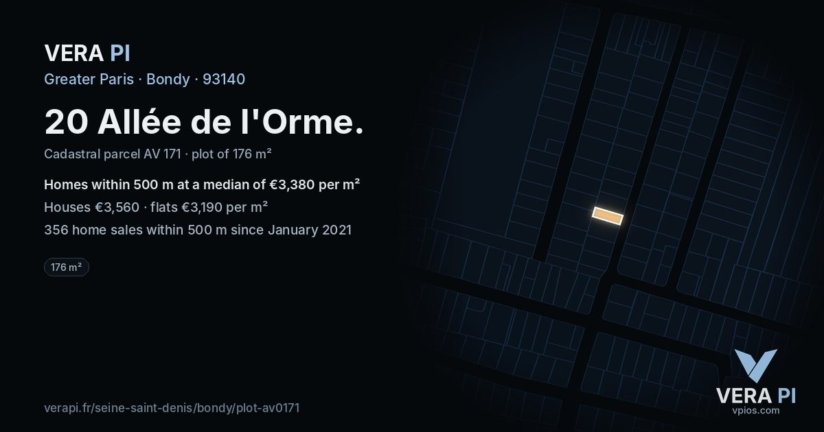 20 Allée de l'Orme, Bondy at night – the plot lit, the parcels around coloured by the prices near them