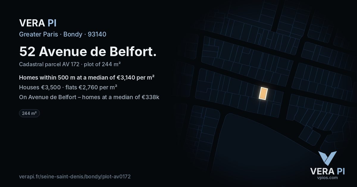 52 Avenue de Belfort, Bondy at night – the plot lit, the parcels around coloured by the prices near them