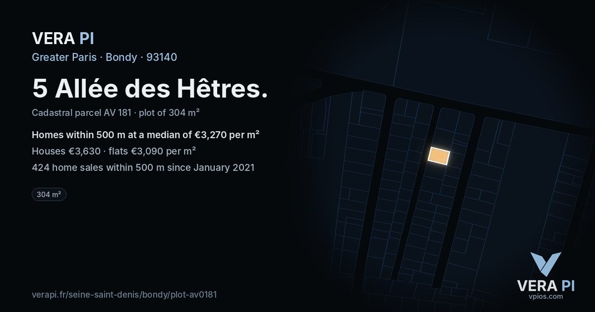 5 Allée des Hêtres, Bondy at night – the plot lit, the parcels around coloured by the prices near them