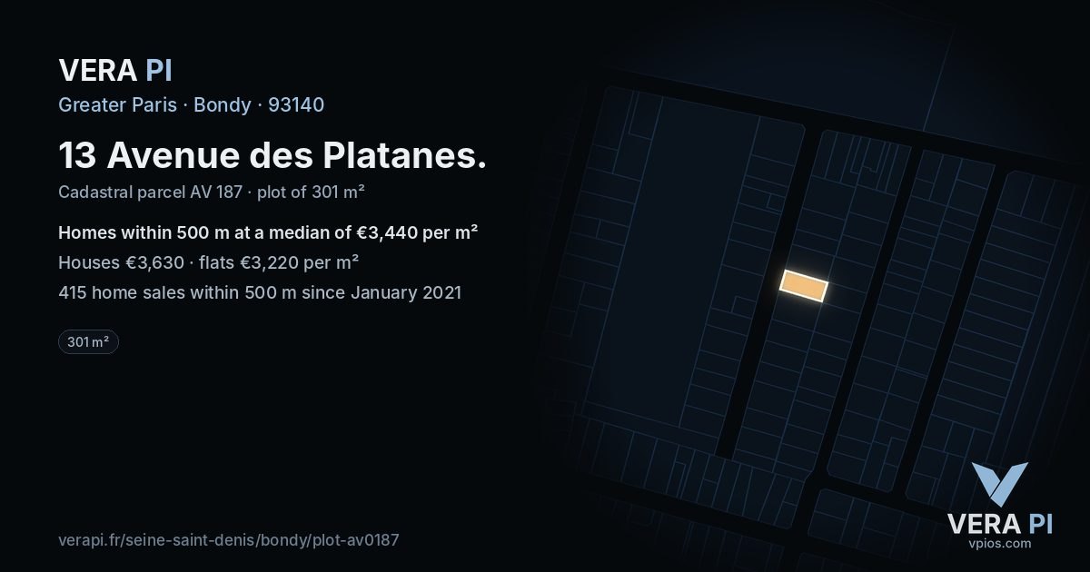 13 Avenue des Platanes, Bondy at night – the plot lit, the parcels around coloured by the prices near them