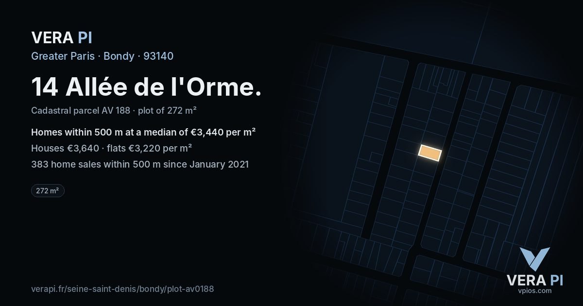 14 Allée de l'Orme, Bondy at night – the plot lit, the parcels around coloured by the prices near them