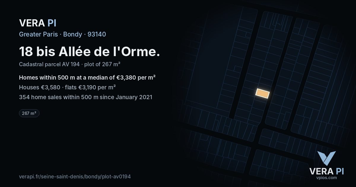 18 bis Allée de l'Orme, Bondy at night – the plot lit, the parcels around coloured by the prices near them