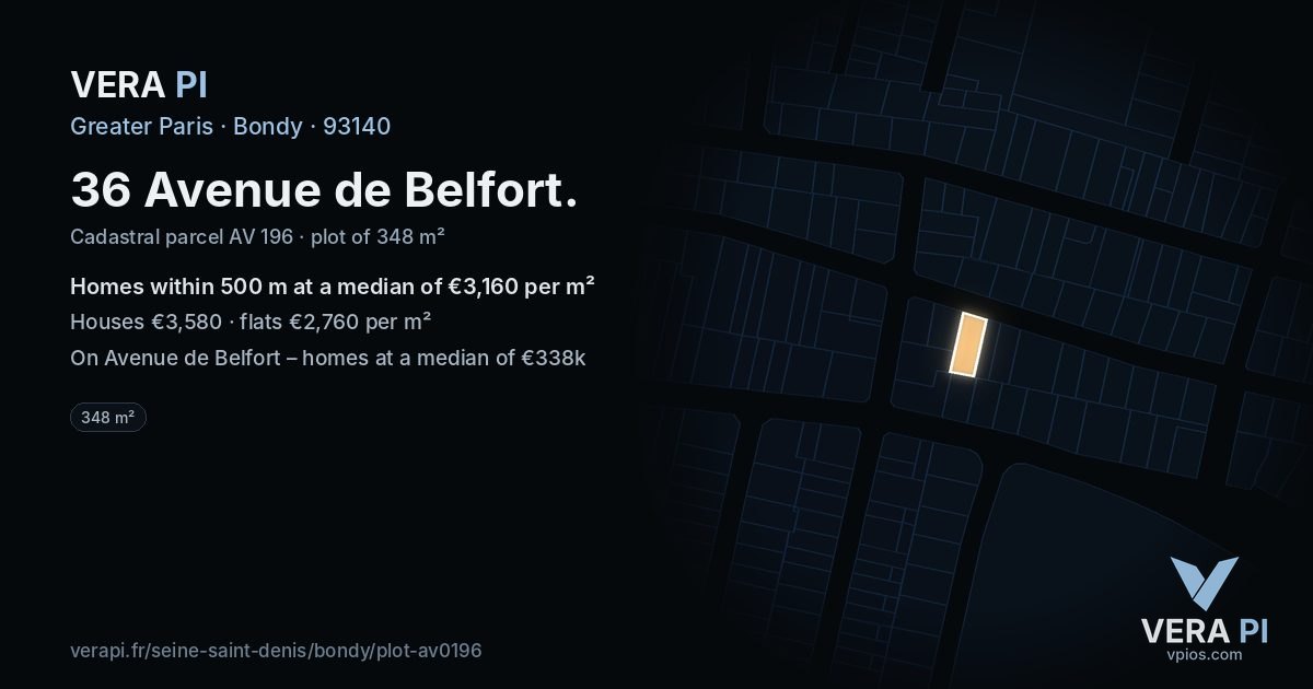 36 Avenue de Belfort, Bondy at night – the plot lit, the parcels around coloured by the prices near them