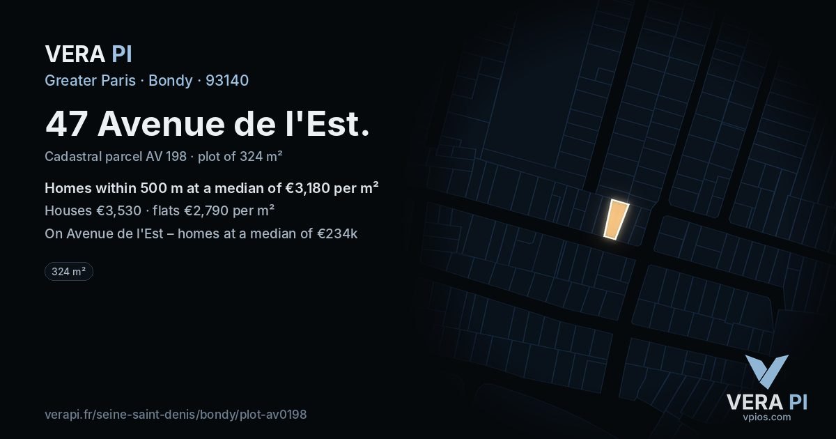 47 Avenue de l'Est, Bondy at night – the plot lit, the parcels around coloured by the prices near them