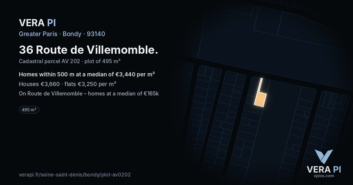 36 Route de Villemomble, Bondy at night – the plot lit, the parcels around coloured by the prices near them
