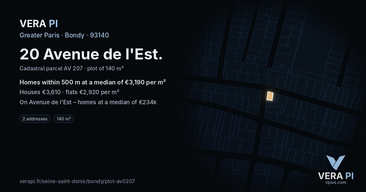 20 Avenue de l'Est, Bondy at night – the plot lit, the parcels around coloured by the prices near them