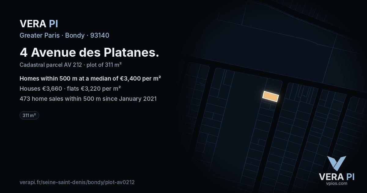 4 Avenue des Platanes, Bondy at night – the plot lit, the parcels around coloured by the prices near them