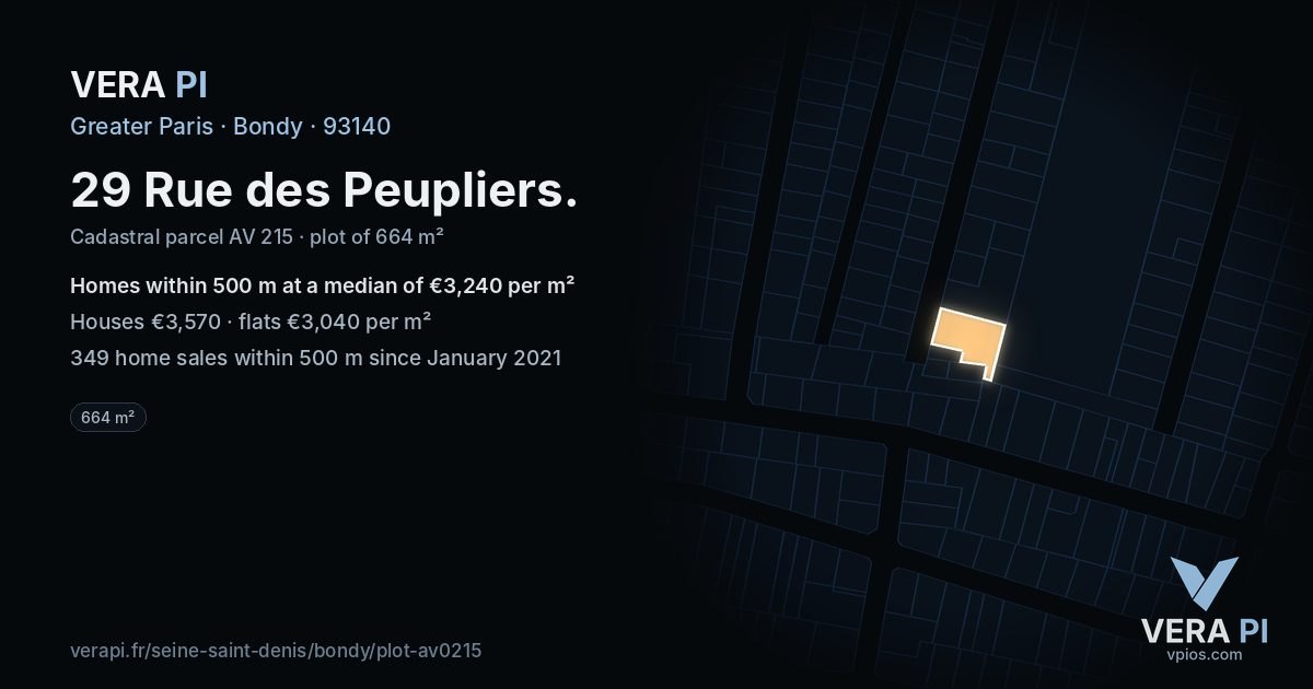 29 Rue des Peupliers, Bondy at night – the plot lit, the parcels around coloured by the prices near them