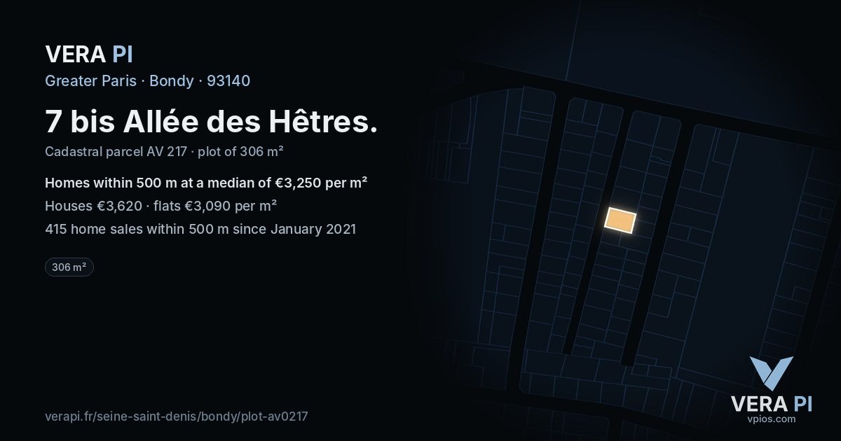 7 bis Allée des Hêtres, Bondy at night – the plot lit, the parcels around coloured by the prices near them