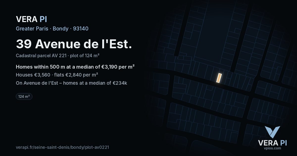 39 Avenue de l'Est, Bondy at night – the plot lit, the parcels around coloured by the prices near them