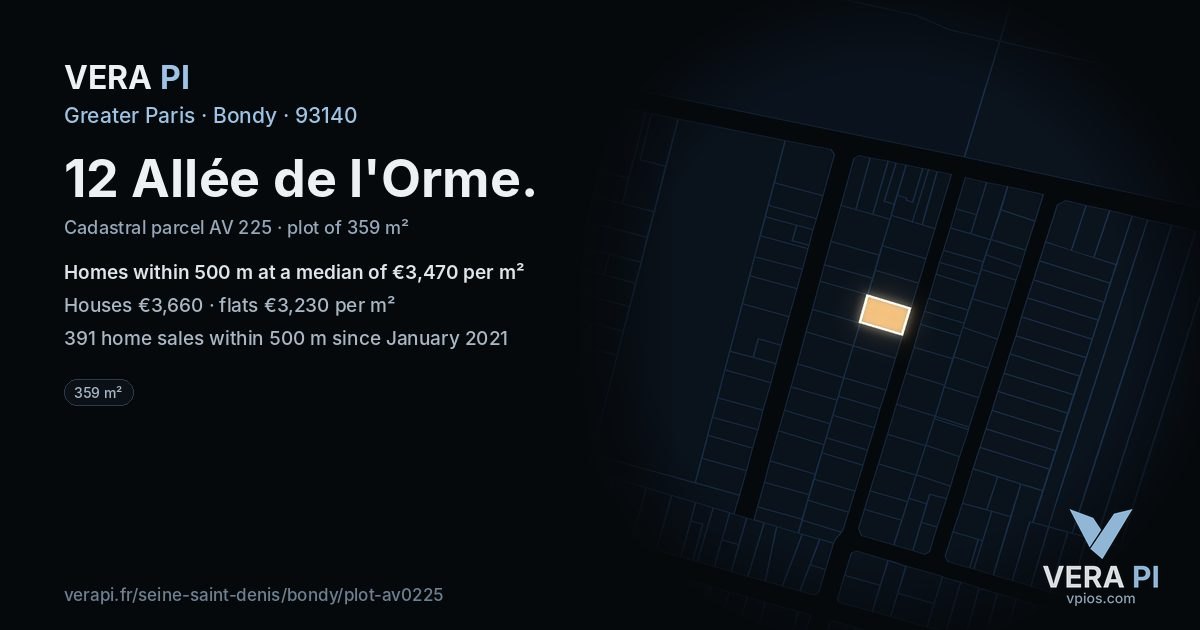 12 Allée de l'Orme, Bondy at night – the plot lit, the parcels around coloured by the prices near them