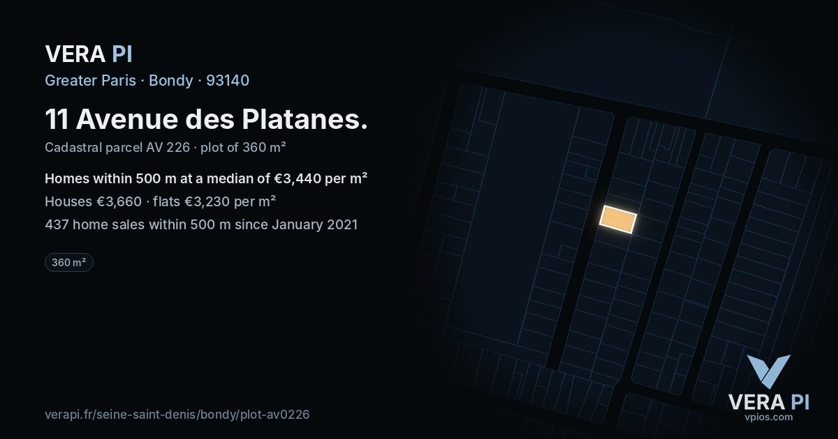 11 Avenue des Platanes, Bondy at night – the plot lit, the parcels around coloured by the prices near them