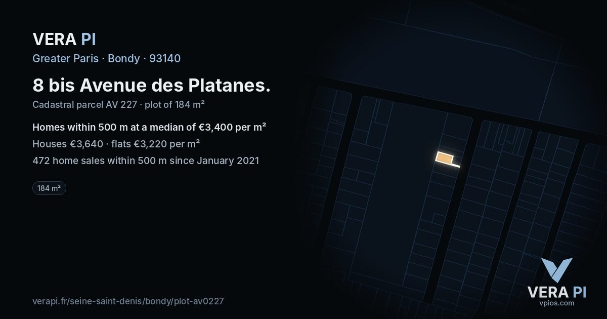 8 bis Avenue des Platanes, Bondy at night – the plot lit, the parcels around coloured by the prices near them