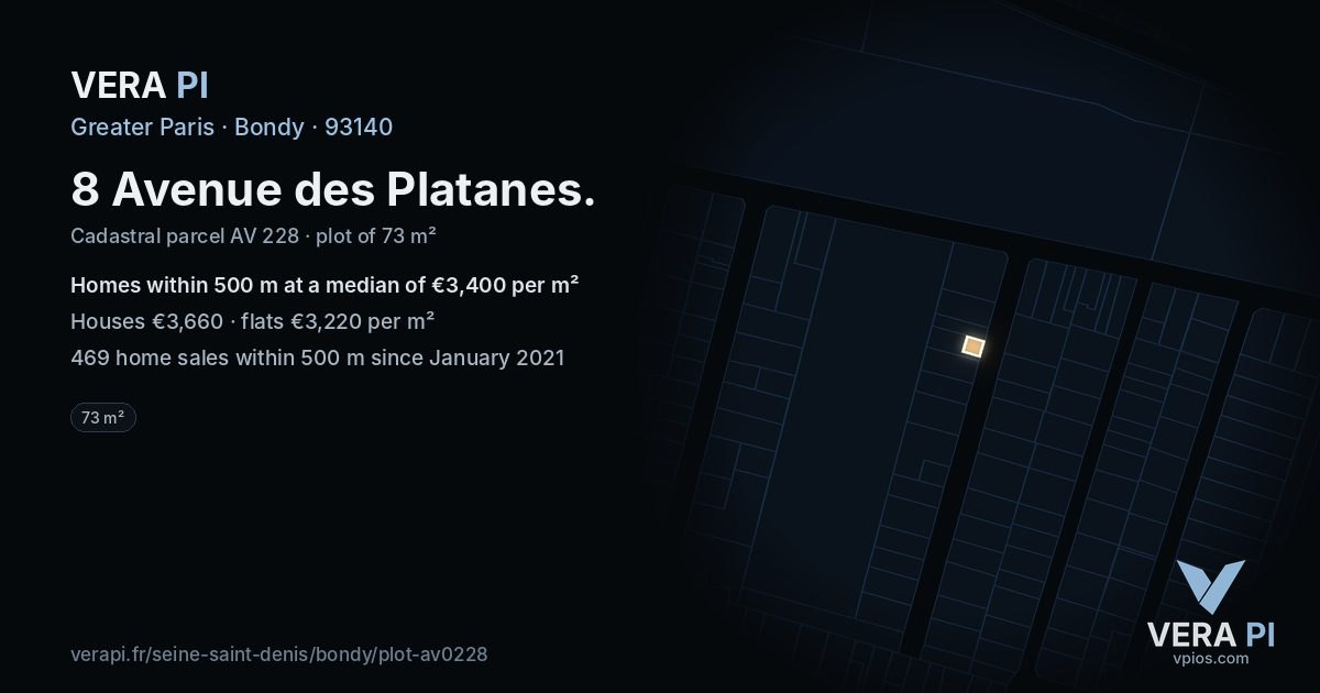 8 Avenue des Platanes, Bondy at night – the plot lit, the parcels around coloured by the prices near them