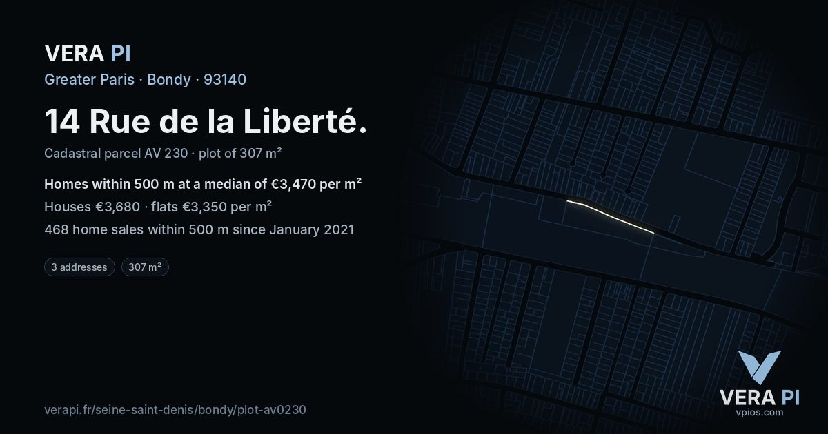 14 Rue de la Liberté, Bondy at night – the plot lit, the parcels around coloured by the prices near them