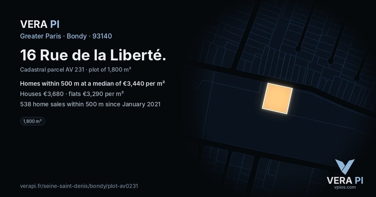 16 Rue de la Liberté, Bondy at night – the plot lit, the parcels around coloured by the prices near them
