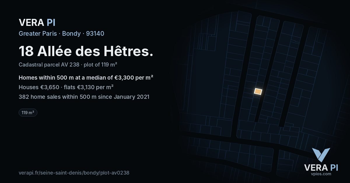 18 Allée des Hêtres, Bondy at night – the plot lit, the parcels around coloured by the prices near them