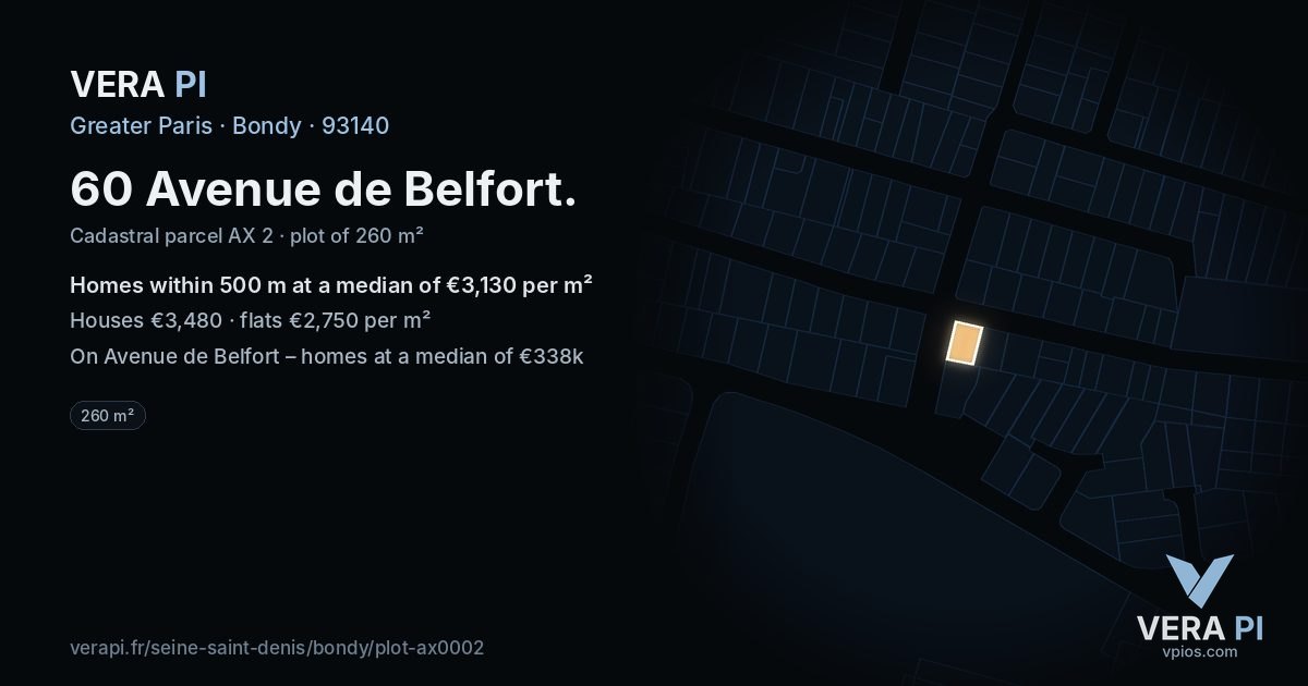 60 Avenue de Belfort, Bondy at night – the plot lit, the parcels around coloured by the prices near them