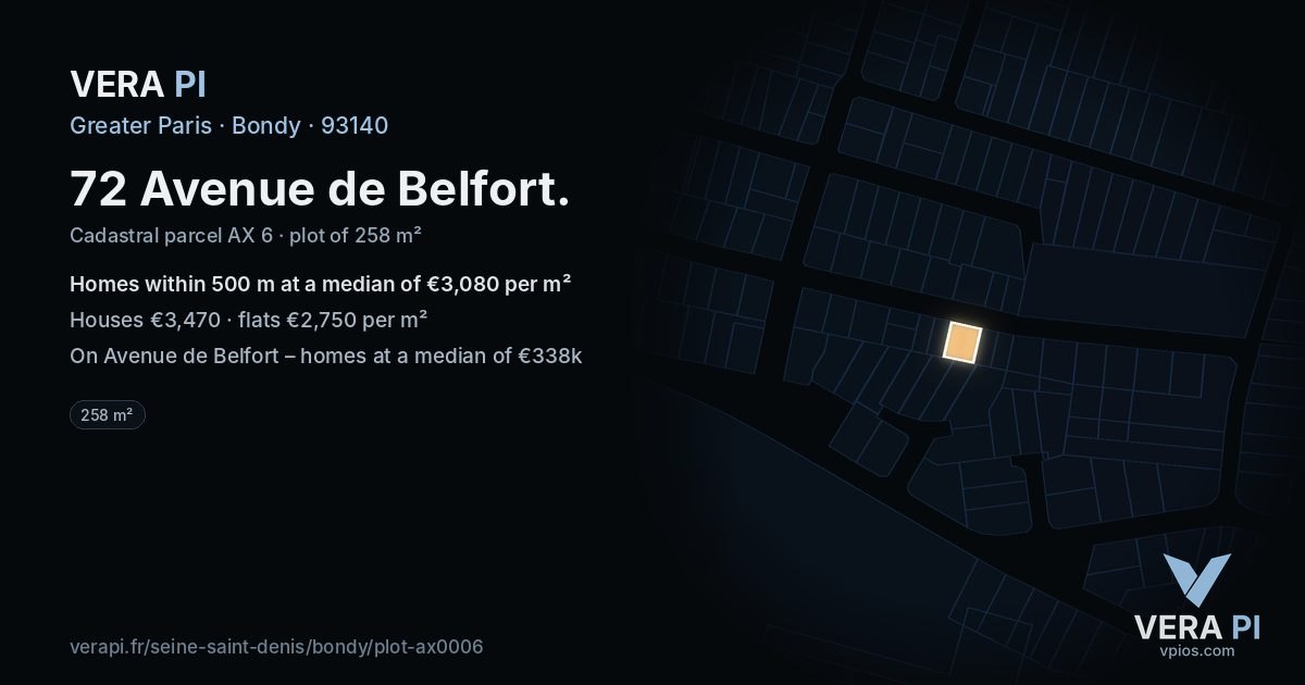 72 Avenue de Belfort, Bondy at night – the plot lit, the parcels around coloured by the prices near them