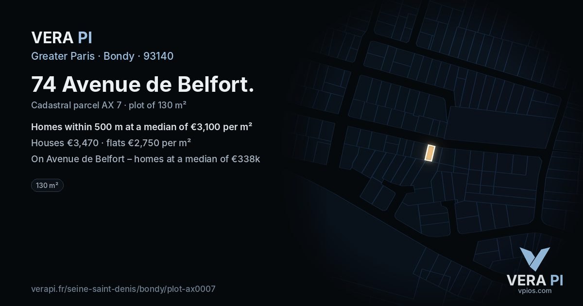 74 Avenue de Belfort, Bondy at night – the plot lit, the parcels around coloured by the prices near them