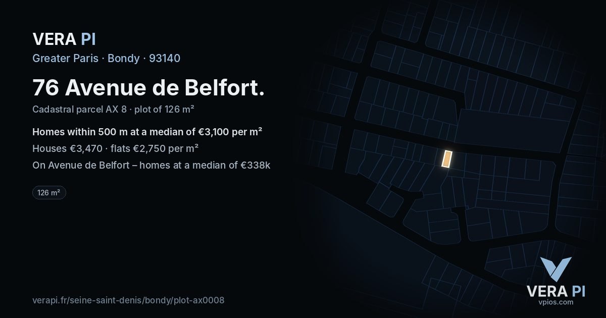 76 Avenue de Belfort, Bondy at night – the plot lit, the parcels around coloured by the prices near them