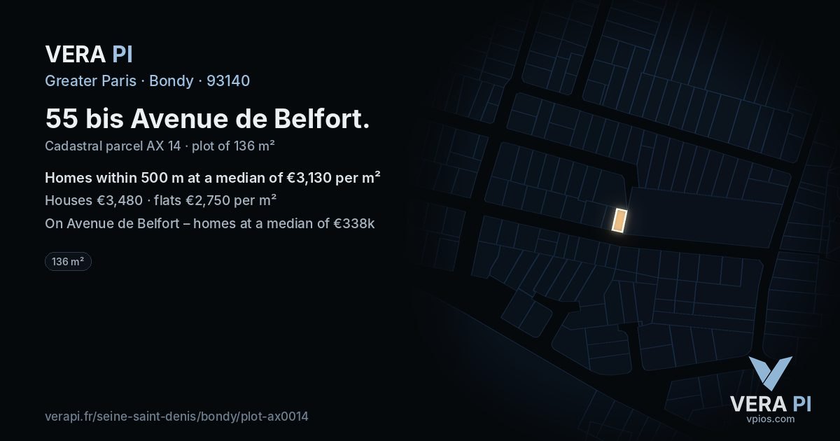 55 bis Avenue de Belfort, Bondy at night – the plot lit, the parcels around coloured by the prices near them