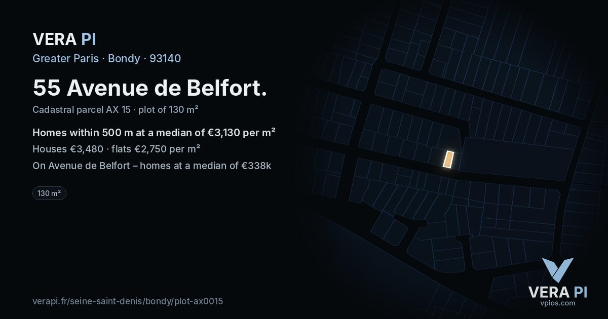 55 Avenue de Belfort, Bondy at night – the plot lit, the parcels around coloured by the prices near them