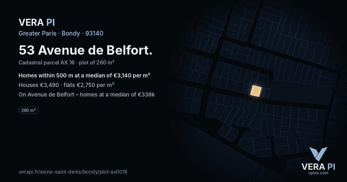 53 Avenue de Belfort, Bondy at night – the plot lit, the parcels around coloured by the prices near them