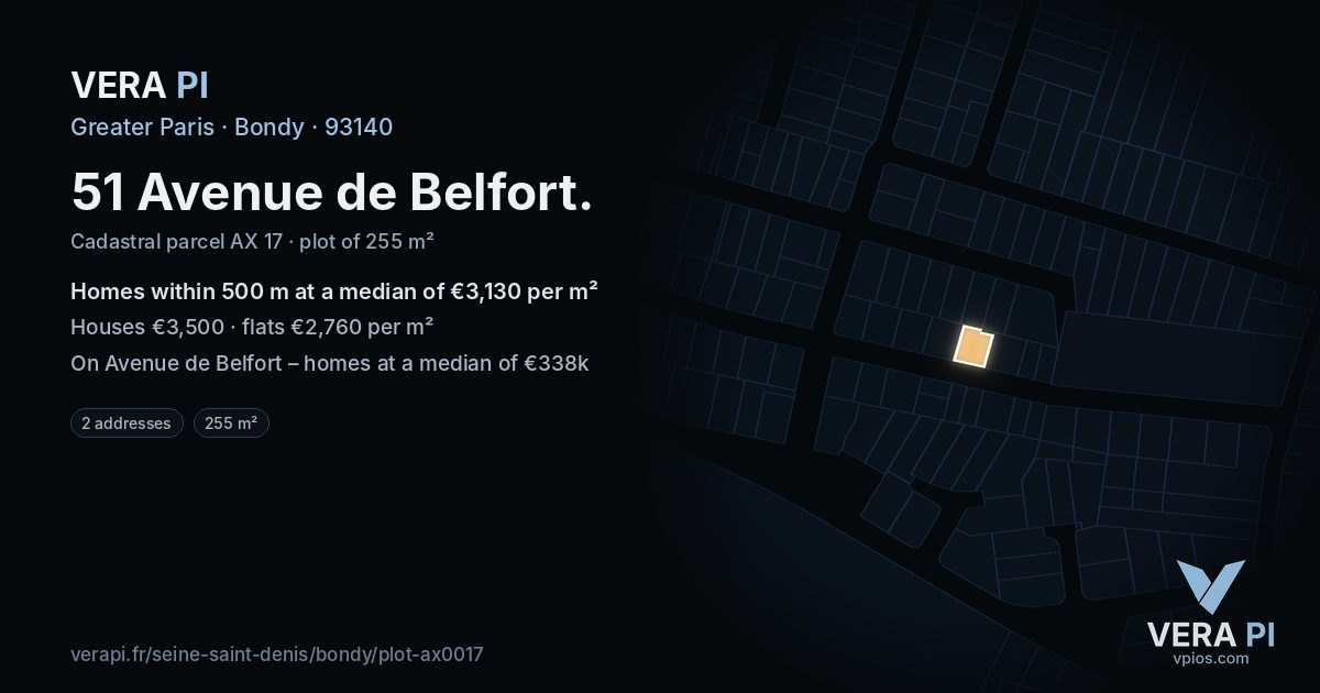 51 Avenue de Belfort, Bondy at night – the plot lit, the parcels around coloured by the prices near them