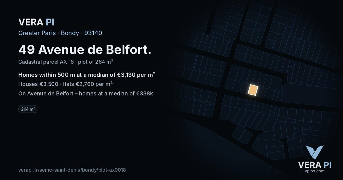 49 Avenue de Belfort, Bondy at night – the plot lit, the parcels around coloured by the prices near them