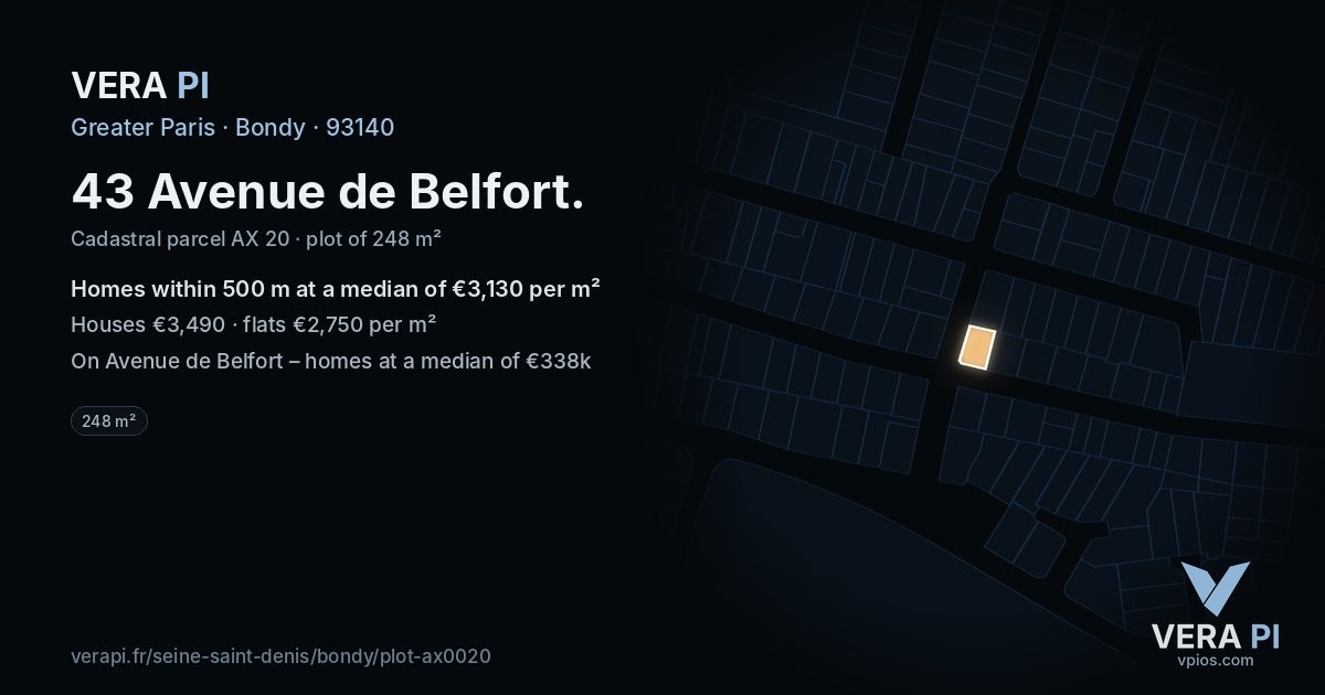 43 Avenue de Belfort, Bondy at night – the plot lit, the parcels around coloured by the prices near them