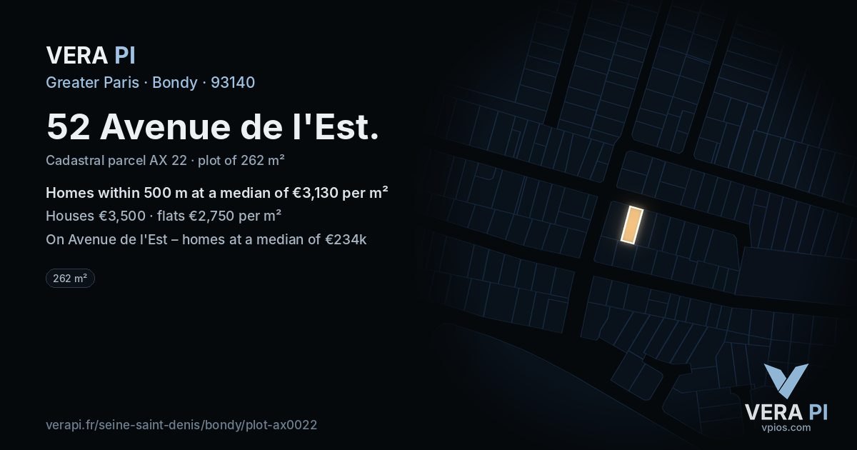 52 Avenue de l'Est, Bondy at night – the plot lit, the parcels around coloured by the prices near them