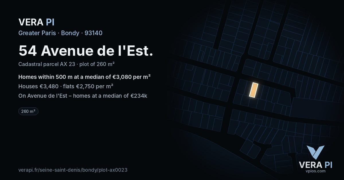 54 Avenue de l'Est, Bondy at night – the plot lit, the parcels around coloured by the prices near them