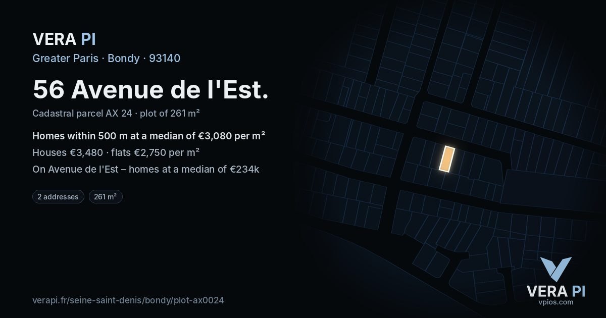 56 Avenue de l'Est, Bondy at night – the plot lit, the parcels around coloured by the prices near them